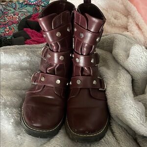 Kohl's Maroon Combat Boots with Buckle Straps
